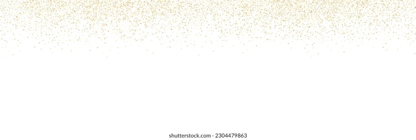 Gold confetti wide texture. Falling glitter on white backdrop. Shining dots frame. Party or anniversary design. Golden sparks effect. Christmas decoration. Vector illustration.