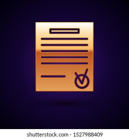 Gold Confirmed document and check mark icon isolated on dark blue background. Checklist icon. Business concept.  Vector Illustration