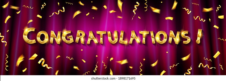 gold Congratulations lettering and confetti on red curtain background. Vector illustration
