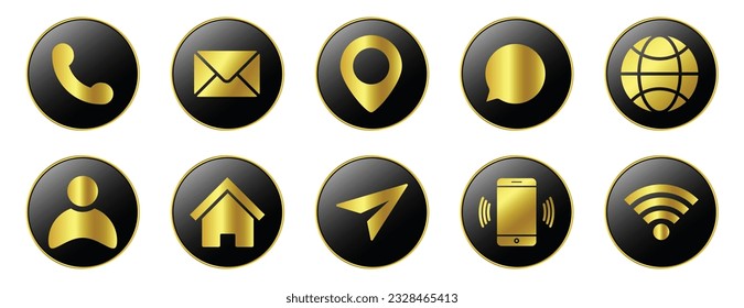 Gold Contact Us Icons Set, Glossy Contact Icon, Modern Technology Icon Set With Shiny 3D Button Social Media Symbol, Call, Home Button, Message, Website, Wifi, UI UX Push Button