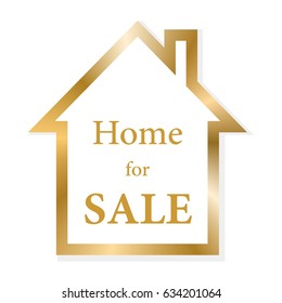 Gold contour house with shadow with a roof golden sign home for sale on a white background 