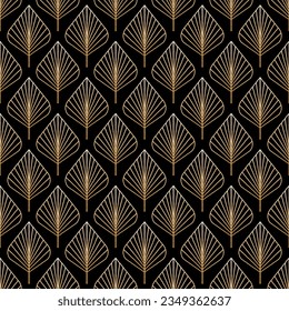 Gold contour leaves on black background. Ar deco luxury seamless pattern. Floral geometric backdrop
