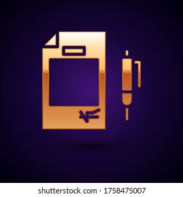Gold Contract money and pen icon isolated on black background. Banking document dollar file finance money page.  Vector Illustration