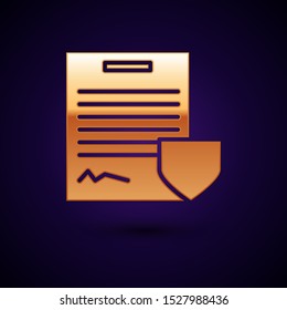 Gold Contract with shield icon isolated on dark blue background. Insurance concept. Security, safety, protection, protect concept.  Vector Illustration