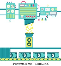 Gold converted into money. Machinery processing gold nuggets and turning into banknote.