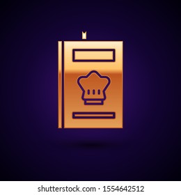 Gold Cookbook icon isolated on dark blue background. Cooking book icon. Recipe book. Fork and knife icons. Cutlery symbol.  Vector Illustration