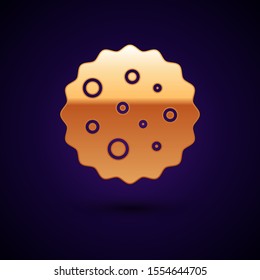 Gold Cookie or biscuit with chocolate icon isolated on dark blue background.  Vector Illustration