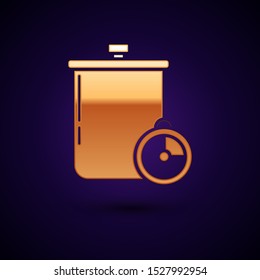 Gold Cooking pot and kitchen timer icon isolated on dark blue background. Boil or stew food symbol.  Vector Illustration