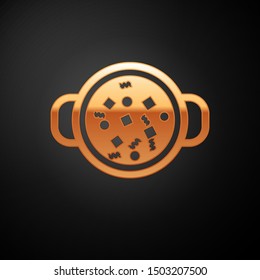 Gold Cooking soup in pot icon isolated on black background. Boil or stew food symbol.  Vector Illustration
