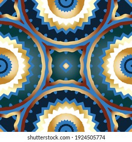 Gold Copper Blue Indigo Gradient Ethnic Oriental Arabic Moroccan Tribal Background. Abstract Geometric Wallpaper. Vector Tile For A Seamless Pattern.
