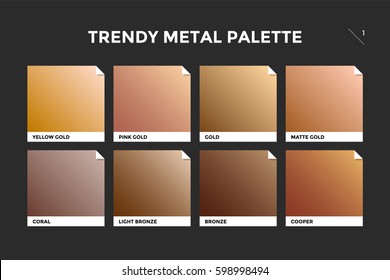 Gold, copper and bronze gradient template. Collection palette of colorful metallic gradient illustrations for backgrounds and textures. Realistic metallic squares palettes. Vector Illustration