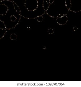 Gold, copper glitter confetti. Scattered little sparkling stars. Flashing red, rose, glitter elements. Random stellar falling on black background. New Year, Christmas background. Vector illustration