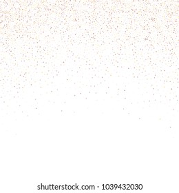 Gold, copper glitter confetti. Scattered little sparkling stars. Flashing red, rose, glitter elements. Random stellar falling on white background. New Year, Christmas background. Vector illustration