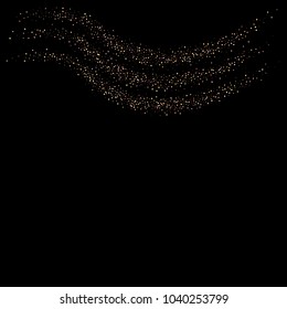 Gold, copper glitter confetti. Scattered little sparkling stars. Flashing red, rose, glitter elements. Random stellar falling on black background. New Year, Christmas background. Vector illustration