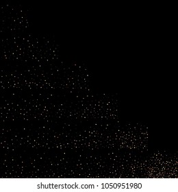 Gold, copper glitter confetti. Scattered little sparkling stars. Flashing red, rose, glitter elements. Random stellar falling on black background. New Year, Christmas background. Vector illustration