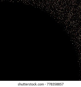 Gold, copper glitter confetti. Scattered little sparkling stars. Flashing red, rose, glitter elements. Random stellar falling on black background. New Year, Christmas background. Vector illustration.
