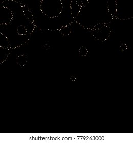 Gold, copper glitter confetti. Scattered little sparkling stars. Flashing red, rose, glitter elements. Random stellar falling on black background. New Year, Christmas background. Vector illustration.