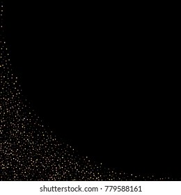 Gold, copper glitter confetti. Scattered little sparkling stars. Flashing red, rose, glitter elements. Random stellar falling on black background. New Year, Christmas background. Vector illustration.