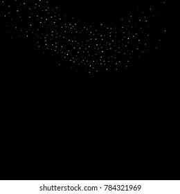 Gold, copper glitter confetti. Scattered little sparkling stars. Flashing red, rose, glitter elements. Random stellar falling on black background. New Year, Christmas background. Vector illustration.