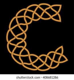 Gold or copper retro letter C is shown in a rich historic Gothic, Celtic and Arabic, oriental style with patterns, weaves, knots and ornaments on a black background.

