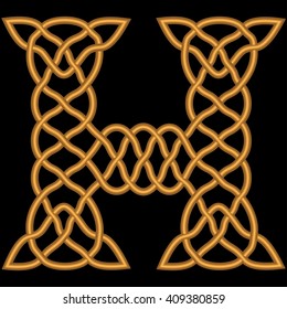 Gold or copper retro letter H is shown in a rich historic Gothic, Celtic and Arabic, oriental style with patterns, weaves, knots and ornaments on a black background.
