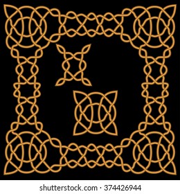 Gold or copper rich Celtic and Arabic frame in the form of intertwining patterns, consisting of nodes and ornaments on a black background