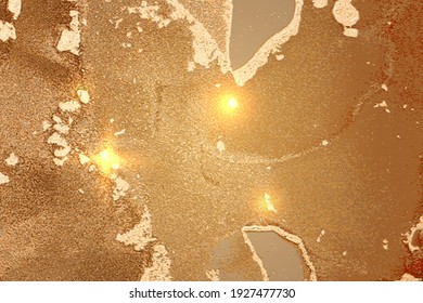 Golden und Kupfer leuchtend abstrakter Marmorhintergrund. Vektorstruktur in Alkoholfarbe Technik mit Glitter. Vorlage für Banner, Plakatdesign. Flüssigkunstmalerei