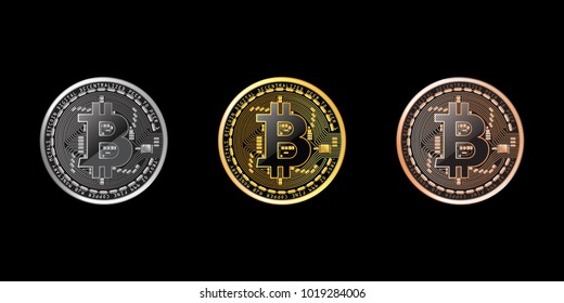 Gold, copper and silver bitcoin on black background. Vector illustration.