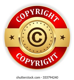 Gold copyright badge with red border on white background