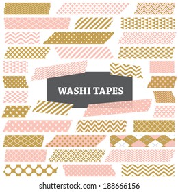 Gold, Coral Pink and White Washi Tape Strips with Torn Edges and Different Patterns. Semitransparent. Photo Frame Border, Web Blog Layout Element, Clip Art, Scrapbook Embellishment. Global colors used