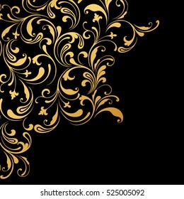 Gold corner border. Floral swirls and flowers.