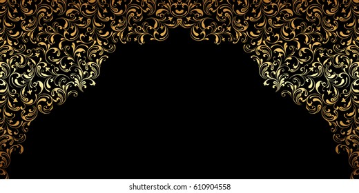 Gold corner border. Floral swirls and flowers. 