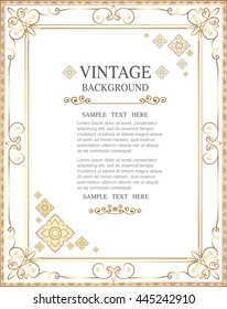 Gold Corner Ornament Greeting Card Vector Template. Retro Luxury Invitation, Royal Certificate. Flourishes frame. Vintage Background, Vintage Frame, Vintage Ornament, Ornaments Vector border design