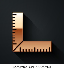 Gold Corner ruler icon isolated on black background. Setsquare, angle ruler, carpentry, measuring utensil, scale. Long shadow style. Vector Illustration