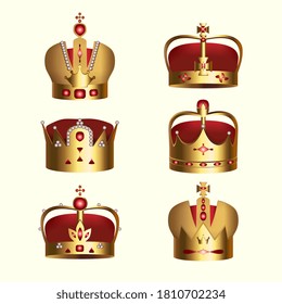 Gold corona. Princess, prince, king and queen authority attribute. Vector crown collection. Gold shiny corona collection. Leadership, wealth, imperial heraldic symbol illustration. Isolated icon set