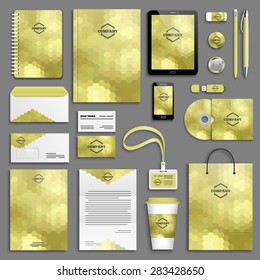 Gold Corporate identity template set. Business stationery mock-up with logo. Branding design. Geometric background.