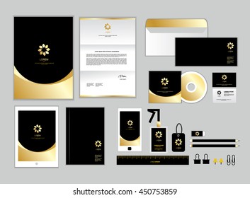 Gold Corporate Identity Template For Your Business Includes CD Cover, Business Card, Folder, Ruler, Envelope And Letter Head Designs Set 4