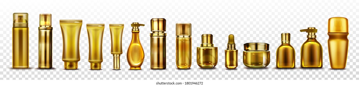 Gold cosmetic bottles mockup, golden cosmetics tubes for essence, cream or lotion, oil, shampoo beauty skin care product isolated on transparent background Realistic 3d vector illustration, icons set