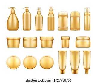 Gold cosmetic bottles mockups isolated on white background: lotion, cream, deodorant, spray. Plastic package design. Blank cosmetic, hygiene and skin care template. Set of 3d vector illustrations