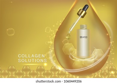 Gold cosmetic container with advertising background ready to use, luxury skin care ad. vector 3d illustration.