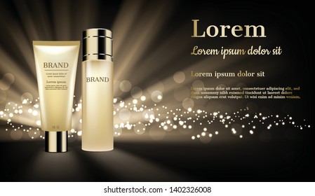 Gold cosmetic products with shining light and glitter