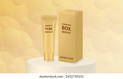 Gold cosmetic tube and box on a podium. Realistic mockup. Ointment or salve. Gel serum. Korean packaging. Blank cardboard package