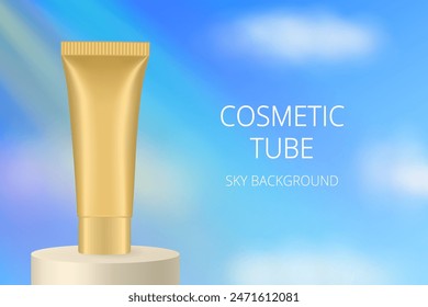 Gold cosmetic tube on a podium. Realistic mockup. Ointment or salve. Gel serum. Korean packaging. Sky, clouds, rays of light and rainbow	