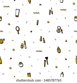 Gold cosmetics seamless pattern in memphis style. Fashion background. Premium golden beauty products: lipstick, mascara, perfume, eyeshadows. Makeup beauty care illustrations in minimal design.