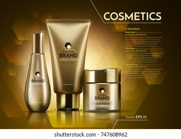 Gold Cosmetics Vector realistic package ads template. Face and body cream products bottles. Mockup 3D illustration. Sparkling backgrounds