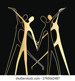 Gold Couple dancing. International Dance Day. Heart, Love, Art