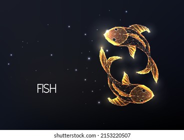 Gold couple of fishes made of lines, dots, circles and polygons isolated on black background.