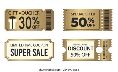 Conjunto de Vector de promoción de Cupón dorado. Cupón de venta de entradas, cupones, descuentos. Bono regalo 30 50 de Precio. Etiqueta de porcentaje. Descuento en compras online. Billete de oro aislado sobre fondo transparente