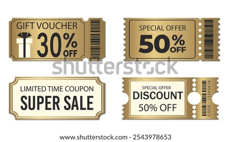 Gold Coupon promotion vector set. Ticket, Voucher, Discount Sale Coupon. Gift voucher 30 50 off price. Percentage Tag label. Discount online purchases. Golden ticket isolated on transparent background