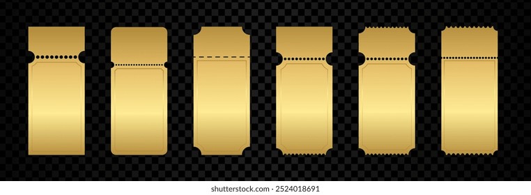 Gold coupon set. Golden Cinema ticket mockup collection. luxury blank form for discount. Vector